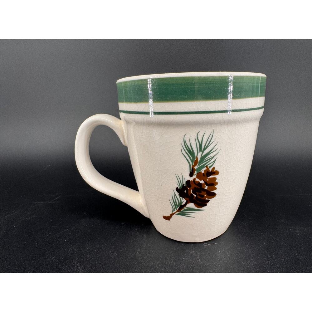 L.L. Bean Evergreen Mug Pinecone Coffee Cup Rustic Cabin Lodge Green Band Mug